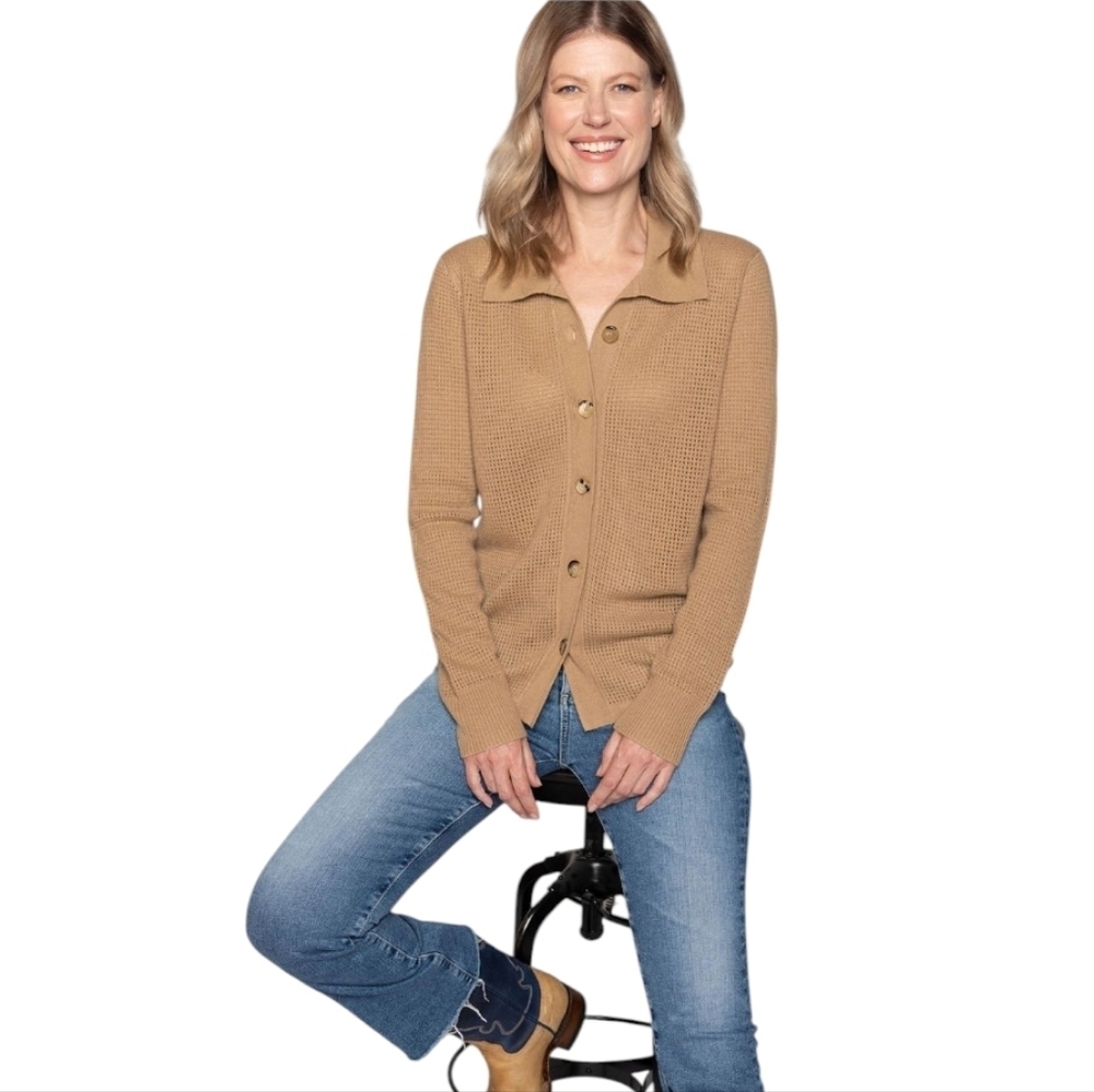 Black Goat Cashmere Mesh Polo Cardigan Camel Women's Medium